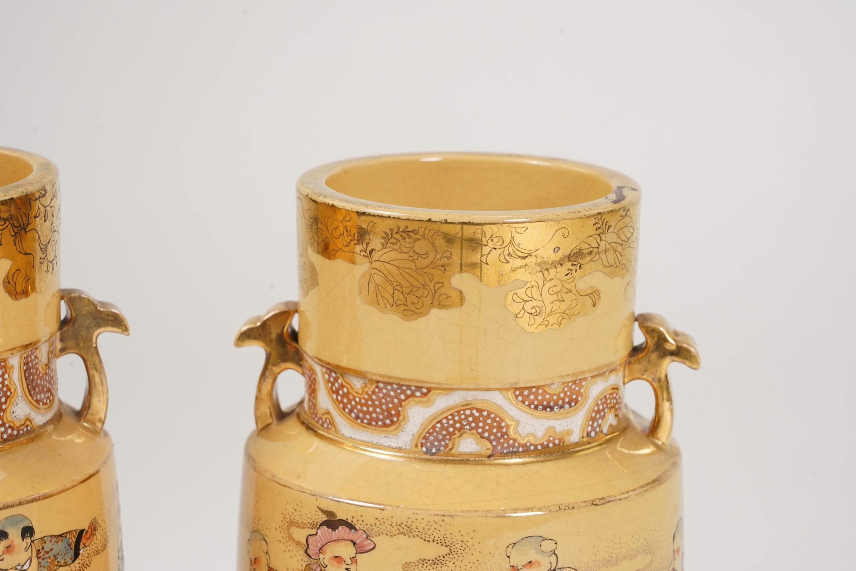 A rare pair of Japanese Satsuma lustre glazed vases, signed Fukumara, Meiji period